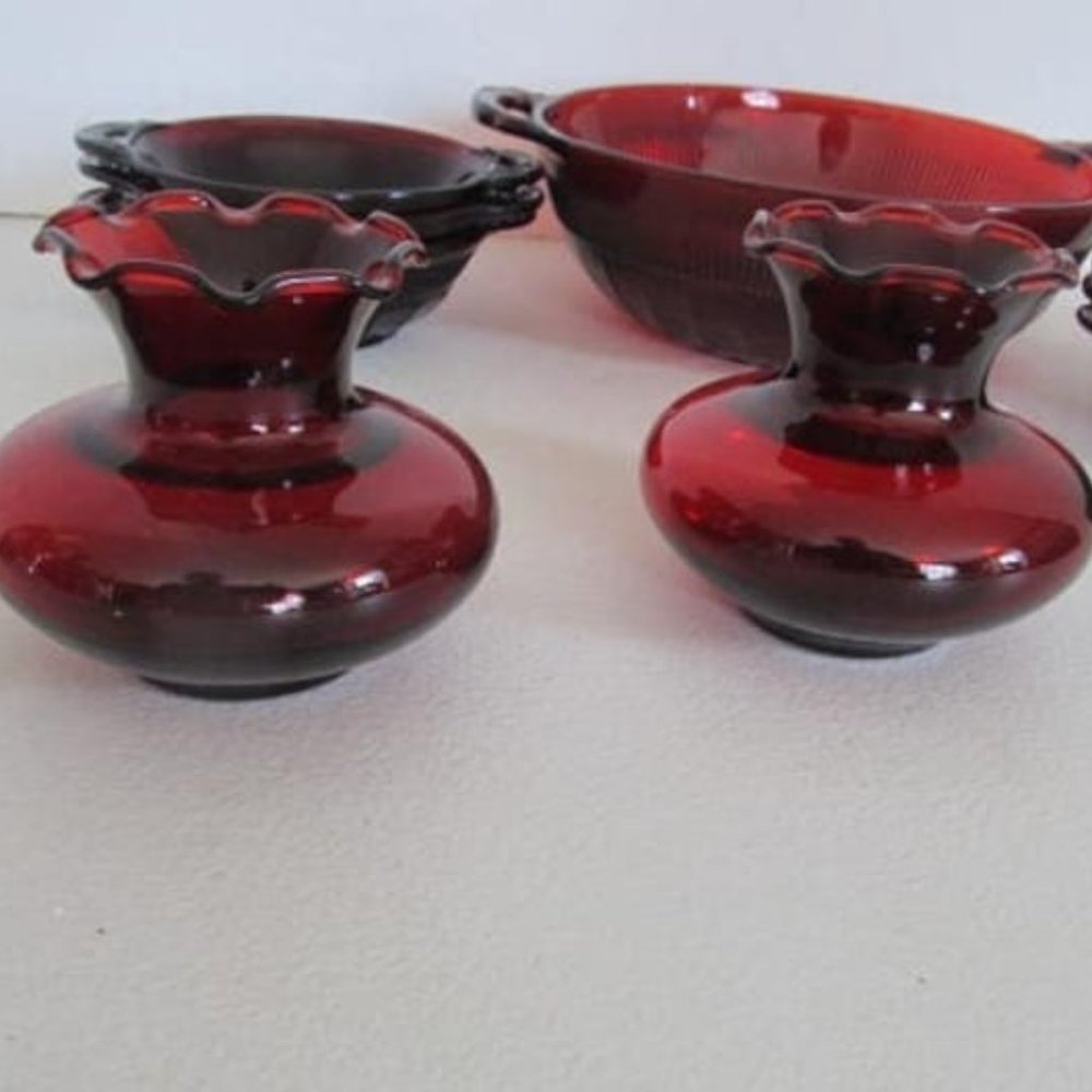 2 Ruby Red Floral Vases Ruffled Edge Vases Ruby Red Glass vases Ruby Valentine